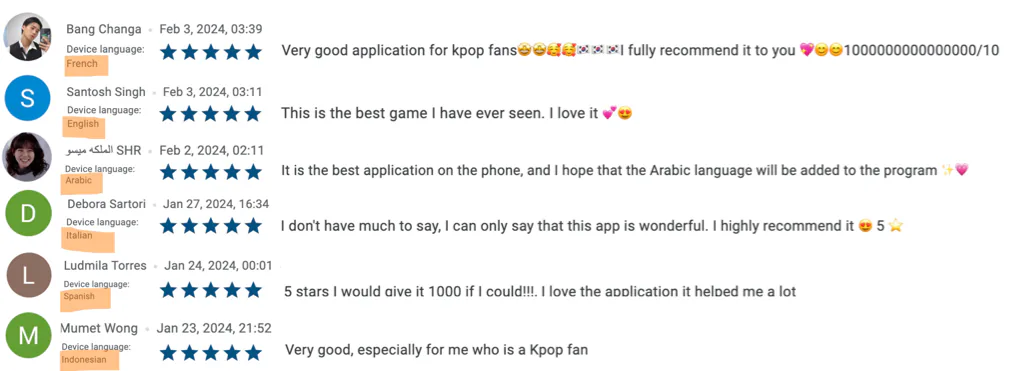 Five-star comments from DicToc KPOP players